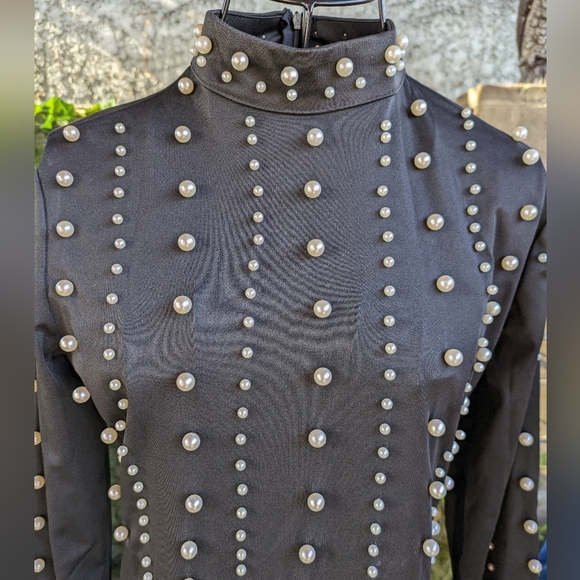 Black Mini Dress Long Sleeves with Pearls Medium - Picture 6 of 12